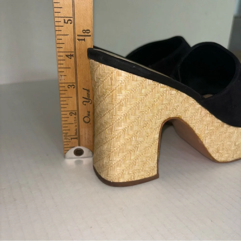 Schutz Tharley Black Suede Open-Toe Platform Block Heeled Mules Sandals Size 6.5